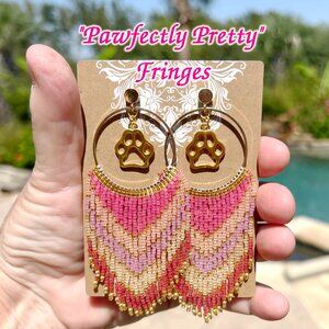 Handmade Beaded Long Fringe Paw Love Dangle Drop Lightweight Post Hoop Earrings